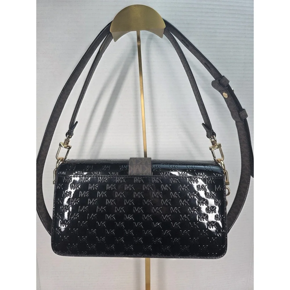 Michael Kors Greenwich medium logo-embossed patent leather shoulder bag in black